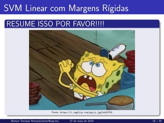 SVM Linear com Margens Rı́gidas
RESUME ISSO POR FAVOR!!!!
Fonte: https://i.imgflip.com/pqcjo.jpg?a432792
Norton Trevisan Roman(norton@usp.br) 27 de maio de 2019 18 / 35
 
