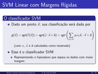 SVM Linear com Margens Rı́gidas
O classificador SVM
Dado um ponto ~
x, sua classificação será dada por
g(~
x) = sgn(f (~
x)) = sgn(~
ω ·~
x + b) = sgn
X
x
~i ∈V
yi αi~
xi · ~
x + b
!
(com α, ~
ω e b calculados como mostrado)
Esse é o classificador SVM
Representando o hiperplano que separa os dados com maior
margem
Norton Trevisan Roman(norton@usp.br) 27 de maio de 2019 19 / 35
 