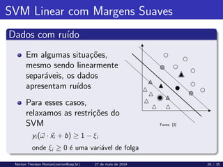 SVM Linear com Margens Suaves
Dados com ruı́do
Em algumas situações,
mesmo sendo linearmente
separáveis, os dados
apresentam ruı́dos
Para esses casos,
relaxamos as restrições do
SVM Fonte: [3]
yi (~
ω · ~
xi + b) ≥ 1 − ξi
onde ξi ≥ 0 é uma variável de folga
Norton Trevisan Roman(norton@usp.br) 27 de maio de 2019 20 / 35
 