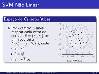 SVM Não Linear
Espaço de Caracterı́sticas
Por exemplo, vamos
mapear cada vetor de
entrada ~
x = (x1, x2) em
um novo vetor
F(~
x) = (f1, f2, f3), onde:
f1 = x2
1
f2 = x2
2
f3 =
√
2x1x2 Fonte: AIMA. RN
Norton Trevisan Roman(norton@usp.br) 27 de maio de 2019 24 / 35
 