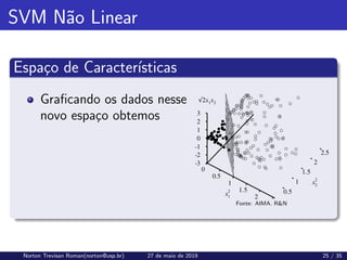 SVM Não Linear
Espaço de Caracterı́sticas
Graficando os dados nesse
novo espaço obtemos
Fonte: AIMA. RN
Norton Trevisan Roman(norton@usp.br) 27 de maio de 2019 25 / 35
 
