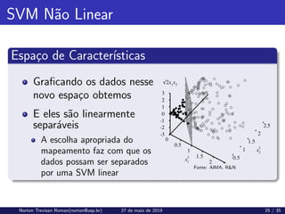 SVM Não Linear
Espaço de Caracterı́sticas
Graficando os dados nesse
novo espaço obtemos
E eles são linearmente
separáveis
A escolha apropriada do
mapeamento faz com que os
dados possam ser separados
por uma SVM linear
Fonte: AIMA. RN
Norton Trevisan Roman(norton@usp.br) 27 de maio de 2019 25 / 35
 
