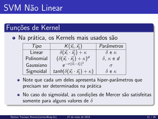 SVM Não Linear
Funções de Kernel
Na prática, os Kernels mais usados são
Tipo K(~
xi , ~
xj ) Parâmetros
Linear δ(~
xi · ~
xj ) + κ δ e κ
Polinomial (δ(~
xi · ~
xj ) + κ)d
δ, κ e d
Gaussiano e−σk~
xi −~
xj k2
σ
Sigmoidal tanh(δ(~
xi · ~
xj ) + κ) δ e κ
Note que cada um deles apresenta hiper-parâmetros que
precisam ser determinados na prática
No caso do sigmoidal, as condições de Mercer são satisfeitas
somente para alguns valores de δ
Norton Trevisan Roman(norton@usp.br) 27 de maio de 2019 31 / 35
 