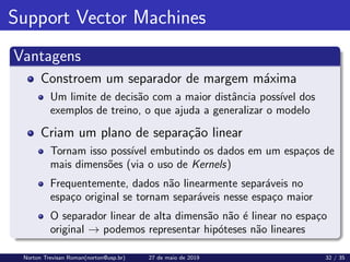 Support Vector Machines
Vantagens
Constroem um separador de margem máxima
Um limite de decisão com a maior distância possı́vel dos
exemplos de treino, o que ajuda a generalizar o modelo
Criam um plano de separação linear
Tornam isso possı́vel embutindo os dados em um espaços de
mais dimensões (via o uso de Kernels)
Frequentemente, dados não linearmente separáveis no
espaço original se tornam separáveis nesse espaço maior
O separador linear de alta dimensão não é linear no espaço
original → podemos representar hipóteses não lineares
Norton Trevisan Roman(norton@usp.br) 27 de maio de 2019 32 / 35
 