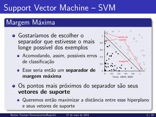 Support Vector Machine – SVM
Margem Máxima
Gostarı́amos de escolher o
separador que estivesse o mais
longe possı́vel dos exemplos
Acomodando, assim, possı́veis erros
de classificação
Esse seria então um separador de
margem máxima
margem
vetores de
suporte
Fonte: AIMA. R&N
Os pontos mais próximos do separador são seus
vetores de suporte
Queremos então maximizar a distância entre esse hiperplano
e seus vetores de suporte
Norton Trevisan Roman(norton@usp.br) 27 de maio de 2019 3 / 35
 
