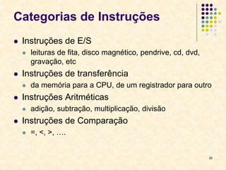 26
Categorias de Instruções
 Instruções de E/S
 leituras de fita, disco magnético, pendrive, cd, dvd,
gravação, etc
 Instruções de transferência
 da memória para a CPU, de um registrador para outro
 Instruções Aritméticas
 adição, subtração, multiplicação, divisão
 Instruções de Comparação
 =, <, >, ….
 