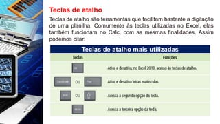 Teclas de atalho
Teclas de atalho são ferramentas que facilitam bastante a digitação
de uma planilha. Comumente às teclas utilizadas no Excel, elas
também funcionam no Calc, com as mesmas finalidades. Assim
podemos citar:
Teclas de atalho mais utilizadas
 