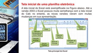 Tela inicial de uma planilha eletrônica
A tela inicial do Excel está exemplificada na Figura abaixo. Até a
versão 2003 o Excel possuía muita semelhança com a tela inicial
do Calc no entanto, as novas versões vieram com muitas
mudanças em sua apresentação.
Tela principal do Excel
 