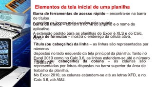 Elementos da tela inicial de uma planilha
Barra de ferramentas de acesso rápido – encontra-se na barra
de títulos
e contém os ícones mais usados pelo usuário.
Barra de títulos – contém o nome do arquivo e o nome do
aplicativo.
A extensão padrão para as planilhas do Excel é XLS e do Calc,
ODS.
Barra de fórmulas – mostra o endereço da célula ativa.
Título (ou cabeçalho) da linha – as linhas são representadas por
números
dispostos no lado esquerdo da tela principal da planilha. Tanto no
Excel 2010 como no Calc 3.6, as linhas estendem-se até o número
1.048.576.
Título (ou cabeçalho) da coluna – as colunas são
representadas por letras dispostas na barra superior da área de
trabalho da planilha.
No Excel 2010, as colunas estendem-se até as letras XFD, e no
Calc 3.6, até AMJ.
 