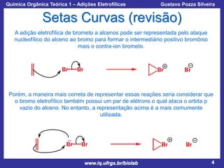 Química Orgânica Teórica 1 – Adições Eletrofílicas

Prof. Gustavo Pozza Silveira

Setas Curvas (revisão)
A adição eletrofílica de brometo a alcenos pode ser representada pelo ataque
nucleofílico do alceno ao bromo para formar o intermediário positivo bromônio
mais o contra-ion brometo.

Porém, a maneira mais correta de representar essas reações seria considerar que
o bromo eletrofílico também possui um par de elétrons o qual ataca o orbita p
vazio do alceno. No entanto, a representação acima é a mais comumente
utilizada.

www.iq.ufrgs.br/biolab

4

 