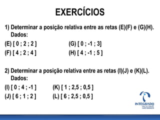 EXERCÍCIOS
1) Determinar a posição relativa entre as retas (E)(F) e (G)(H).
Dados:
(E) [ 0 ; 2 ; 2 ] (G) [ 0 ; -1 ; 3]
(F) [ 4 ; 2 ; 4 ] (H) [ 4 ; -1 ; 5 ]
2) Determinar a posição relativa entre as retas (I)(J) e (K)(L).
Dados:
(I) [ 0 ; 4 ; -1 ] (K) [ 1 ; 2,5 ; 0,5 ]
(J) [ 6 ; 1 ; 2 ] (L) [ 6 ; 2,5 ; 0,5 ]
 