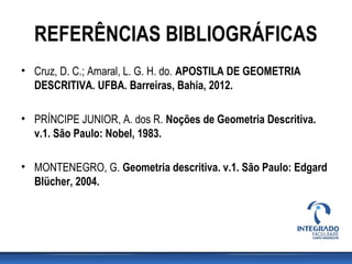 REFERÊNCIAS BIBLIOGRÁFICAS
• Cruz, D. C.; Amaral, L. G. H. do. APOSTILA DE GEOMETRIA
DESCRITIVA. UFBA. Barreiras, Bahia, 2012.
• PRÍNCIPE JUNIOR, A. dos R. Noções de Geometria Descritiva.
v.1. São Paulo: Nobel, 1983.
• MONTENEGRO, G. Geometria descritiva. v.1. São Paulo: Edgard
Blücher, 2004.
 