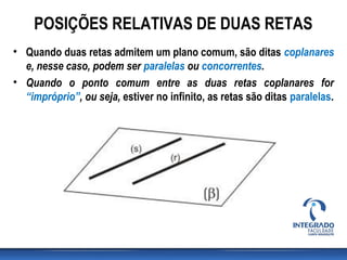 • Quando duas retas admitem um plano comum, são ditas coplanares
e, nesse caso, podem ser paralelas ou concorrentes.
• Quando o ponto comum entre as duas retas coplanares for
“impróprio”, ou seja, estiver no infinito, as retas são ditas paralelas.
POSIÇÕES RELATIVAS DE DUAS RETAS
 