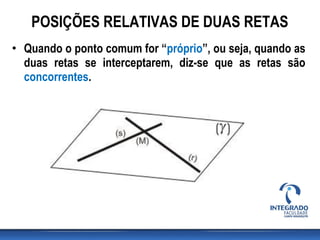 • Quando o ponto comum for “próprio”, ou seja, quando as
duas retas se interceptarem, diz-se que as retas são
concorrentes.
POSIÇÕES RELATIVAS DE DUAS RETAS
 