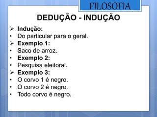 FILOSOFIA
DEDUÇÃO - INDUÇÃO
 Indução:
• Do particular para o geral.
 Exemplo 1:
• Saco de arroz.
• Exemplo 2:
• Pesquisa eleitoral.
 Exemplo 3:
• O corvo 1 é negro.
• O corvo 2 é negro.
• Todo corvo é negro.
 