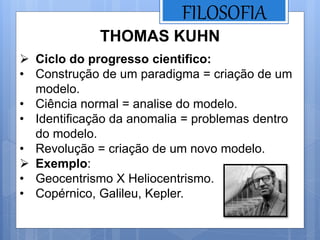 FILOSOFIA
THOMAS KUHN
 Ciclo do progresso cientifico:
• Construção de um paradigma = criação de um
modelo.
• Ciência normal = analise do modelo.
• Identificação da anomalia = problemas dentro
do modelo.
• Revolução = criação de um novo modelo.
 Exemplo:
• Geocentrismo X Heliocentrismo.
• Copérnico, Galileu, Kepler.
 