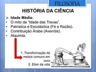 FILOSOFIA
1. Transformação de
metais comuns em
ouro
2. Elixir da vida
HISTÓRIA DA CIÊNCIA
 Idade Média:
• O mito da “Idade das Trevas”.
• Patrística e Escolástica (Fé e Razão).
• Contribuição Árabe (Averróis).
• Alquimia.
 