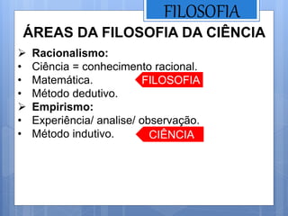 FILOSOFIA
ÁREAS DA FILOSOFIA DA CIÊNCIA
 Racionalismo:
• Ciência = conhecimento racional.
• Matemática.
• Método dedutivo.
 Empirismo:
• Experiência/ analise/ observação.
• Método indutivo.
FILOSOFIA
CIÊNCIA
 