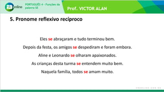PORTUGUÊS 4 – Funções da
palavra SE
Eles se abraçaram e tudo terminou bem.
Depois da festa, os amigos se despediram e foram embora.
Aline e Leonardo se olharam apaixonados.
As crianças desta turma se entendem muito bem.
Naquela família, todos se amam muito.
5. Pronome reflexivo recíproco
 