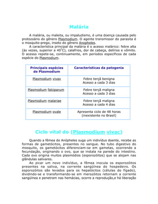 Malária
A malária, ou maleita, ou impaludismo, é uma doença causada pelo
protozoário do gênero Plasmodium. O agente transmissor do parasita é
o mosquito-prego, inseto do gênero Anopheles.
A característica principal da malária é o acesso malárico: febre alta
(às vezes, superior a 40º
C), calafrios, dor de cabeça, delírios e vômito.
O acesso repete-se, continuamente, em períodos específicos de cada
espécie do Plasmodium.
Ciclo vital do (Plasmodium vivac)
Quando a fêmea do Anópheles suga um indivíduo doente, recebe as
formas de gametócitos, presentes no sangue. No tubo digestivo do
mosquito, os gametócitos diferenciam-se em gametas, ocorrendo a
fecundação, originando o ovo, que se instala na parede do intestino.
Cada ovo origina muitos plasmódios (esporozóitos) que se alojam nas
glândulas salivares.
Ao picar um novo indivíduo, a fêmea inocula os esporozóitos
presentes na saliva, na corrente sangüínea do hospedeiro. Os
esporozóitos são levados para os hepatócitos (células do fígado),
dividindo-se e transformando-se em merozóitos retornam a corrente
sangüínea e penetram nas hemácias, ocorre a reprodução,e há liberação
Principais espécies
de Plasmodium
Características da patogenia
Plasmodium vivax Febre terçã benigna
Acesso a cada 3 dias
Plasmodium falciparum Febre terçã maligna
Acesso a cada 3 dias
Plasmodium malariae Febre terçã maligna
Acesso a cada 4 dias
Plasmodium ovale Apresenta ciclo de 48 horas
(inexistente no Brasil)
 