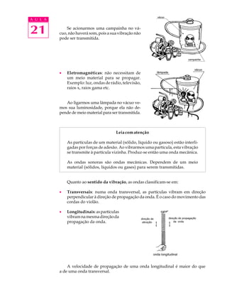 A U L A


21            Se acionarmos uma campainha no vá-
          cuo, não haverá som, pois a sua vibração não
          pode ser transmitida.




          ·   Eletromagnéticas: não necessitam de
              um meio material para se propagar.
              Exemplo: luz, ondas de rádio, televisão,
              raios x, raios gama etc.


             Ao ligarmos uma lâmpada no vácuo ve-
          mos sua luminosidade, porque ela não de-
          pende de meio material para ser transmitida.



                                        Leia com atenção

              As partículas de um material (sólido, líquido ou gasoso) estão interli-
              gadas por forças de adesão. Ao vibrarmos uma partícula, esta vibração
              se transmite à partícula vizinha. Produz-se então uma onda mecânica.

              As ondas sonoras são ondas mecânicas. Dependem de um meio
              material (sólidos, líquidos ou gases) para serem transmitidas.


              Quanto ao sentido da vibração, as ondas classificam-se em:

          ·   Transversais: numa onda transversal, as partículas vibram em direção
              perpendicular à direção de propagação da onda. É o caso do movimento das
              cordas do violão.

          ·   Longitudinais: as partículas
              vibram na mesma direção da
              propagação da onda.




              A velocidade de propagação de uma onda longitudinal é maior do que
          a de uma onda transversal.
 