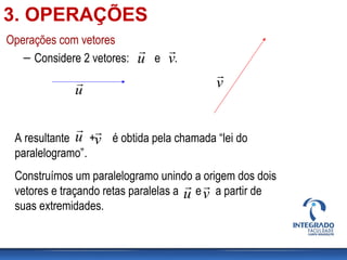 Operações com vetores
– Considere 2 vetores: e .u

v

v

u

A resultante + é obtida pela chamada “lei do
paralelogramo”.
Construímos um paralelogramo unindo a origem dos dois
vetores e traçando retas paralelas a e a partir de
suas extremidades.
u

v

u

v

3. OPERAÇÕES
 