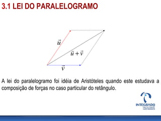 v

u

vu

+
A lei do paralelogramo foi idéia de Aristóteles quando este estudava a
composição de forças no caso particular do retângulo.
3.1 LEI DO PARALELOGRAMO
 