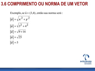 3.6 COMPRIMENTO OU NORMA DE UM VETOR
5
25
169
2423
22
:seránormasuaentão,(3,4)useExemplo,
=
=
+=
+=
+=
=
u
u
u
u
yxu






 