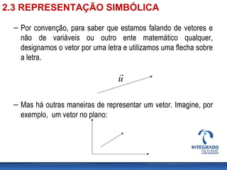 – Por convenção, para saber que estamos falando de vetores e
não de variáveis ou outro ente matemático qualquer,
designamos o vetor por uma letra e utilizamos uma flecha sobre
a letra.
– Mas há outras maneiras de representar um vetor. Imagine, por
exemplo, um vetor no plano:
u

2.3 REPRESENTAÇÃO SIMBÓLICA
 