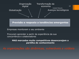 Organização      Transformação da
                 digital           economia                       12
                                               Anabela Mesquita

    Globalização                          Avanços tecnológicos




        Previsão e resposta a tendências emergentes


   Empresas monitoram o seu ambiente

   Procuram aprender a partir da experiência da sua
   concorrência e colaboradores

       MAS mercados muito competitivos desencorajam a
                 partilha de conhecimento

As organizações são dinâmicas, vulneráveis e voláteis
 