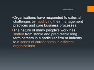 Anabela Mesquita




Organisations have responded to external
 challenges by modifying their management
 practices and core business processes.
The nature of many people’s work has
 shifted from stable and predictable long
 term careers in a particular firm or industry
 to a series of career paths in different
 organizations.
 