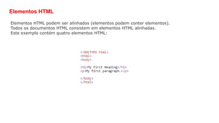 Elementos HTML podem ser alinhados (elementos podem conter elementos).
Todos os documentos HTML consistem em elementos HTML alinhadas.
Este exemplo contém quatro elementos HTML:
Elementos HTML
 