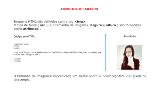Imagens HTML são definidos com a tag <img>.
O tipo de fonte ( src ), e o tamanho da imagem ( largura e altura ) são fornecidos
como atributos :
ATRIBUTOS DE TAMANHO
Código em HTML Resultado
O tamanho da imagem é especificado em pixels: width = “200" significa 200 pixels de
tela ampla.
 