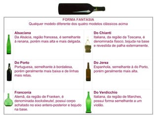 FORMA FANTASIA Qualquer modelo diferente dos quatro modelos clássicos acima     Alsaciana   Da Alsácia, região francesa, é semelhante à renana, porém mais alta e mais delgada.       Do Chianti   Italiana, da região da Toscana, é denominada  fiasco , bojuda na base e revestida de palha externamente.     Do Porto   Portuguesa, semelhante à bordalesa, porém geralmente mais baixa e de linhas mais retas.      Do Jerez   Espanhola, semelhante à do Porto, porém geralmente mais alta.        Franconia   Alemã, da região de Franken, é denominada  bocksbeutel , possui corpo achatado no eixo antero-posterior e bojudo na base.      Do Verdicchio   Italiana, da região de Marches, possui forma semelhante a um violão. 