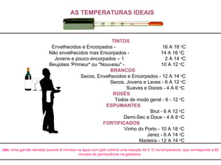 AS TEMPERATURAS IDEAIS                                                                     TINTOS  Envelhecidos e Encorpados -  16 A 18  o C Não envelhecidos mas Encorpados -  14 A 16  o C  Jovens e pouco encorpados – 1 2 A 14  o C Beujolais 'Primeur" ou "Nouveau" -  10 A 12  o C                     BRANCOS Secos, Envelhecidos e Encorpados - 12 A 14  o C Secos, Jovens e Leves - 6 A 12  o C Suaves e Doces - 4 A 6  o C                   ROSÉS Todos de modo geral - 6 - 12  o C                         ESPUMANTES Brut - 6 A 12  o C  Demi-Sec e Doce - 4 A 8  o C                    FORTIFICADOS Vinho do Porto - 10 A 18  o C  Jerez - 8 A 14  o C  Madeira - 12 A 14  o C   OBS:   Uma garrafa deixada durante 8 minutos na água com gelo sofrerá uma redução de 5  o C na temperatura, que corresponde a 60 minutos de permanência na geladeira .  