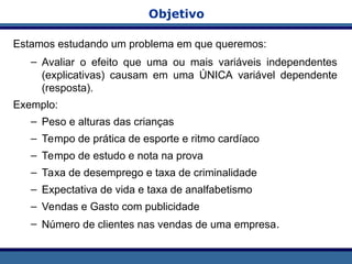 Objetivo
Estamos estudando um problema em que queremos:
– Avaliar o efeito que uma ou mais variáveis independentes
(explicativas) causam em uma ÚNICA variável dependente
(resposta).
Exemplo:
– Peso e alturas das crianças
– Tempo de prática de esporte e ritmo cardíaco
– Tempo de estudo e nota na prova
– Taxa de desemprego e taxa de criminalidade
– Expectativa de vida e taxa de analfabetismo
– Vendas e Gasto com publicidade
– Número de clientes nas vendas de uma empresa.
 
