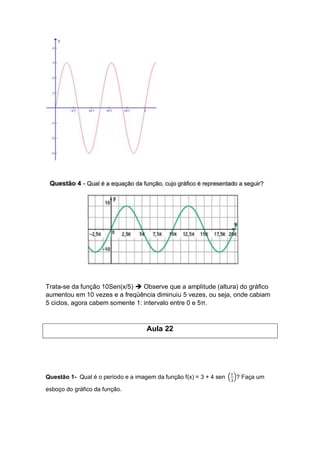 Trata-se da função 10Sen(x/5)  Observe que a amplitude (altura) do gráfico 
aumentou em 10 vezes e a freqüência diminuiu 5 vezes, ou seja, onde cabiam 
5 ciclos, agora cabem somente 1: intervalo entre 0 e 5π. 
Aula 22 
Questão 1- Qual é o período e a imagem da função f(x) = 3 + 4 sen 푥 
3 
? Faça um 
esboço do gráfico da função. 
 