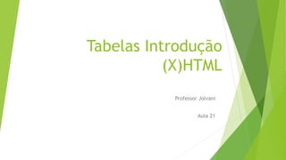 Tabelas Introdução 
(X)HTML 
Professor Jolvani 
Aula 21 
 