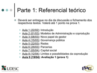 Parte 1: Referencial teórico Deverá ser entregue no dia da discussão o fichamento dos respectivos textos. Valerá até 1 ponto na prova 1. Aula 1 (22/02) : Introdução  Aula 2 (01/03) : Modelos de Administração e coprodução Aula 3 (08/03) : Novo papel do gestor  Aula 4 (15/03) : Governança pública  Aula 5 (22/03) : Redes  Aula 6 (29/03) : Parcerias Aula 7 (05/04) : Capital social Aula 8 (12/04) : Limites e possibilidades da coprodução  Aula 9 (19/04) : Avaliação 1 (prova 1) 