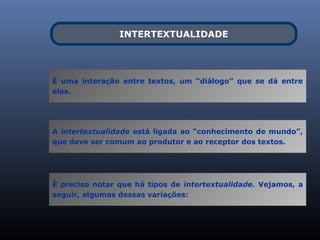 INTERTEXTUALIDADE




É uma interação entre textos, um “diálogo” que se dá entre
eles.




A intertextualidade está ligada ao “conhecimento de mundo”,
que deve ser comum ao produtor e ao receptor dos textos.




É preciso notar que há tipos de intertextualidade. Vejamos, a
seguir, algumas dessas variações:
 