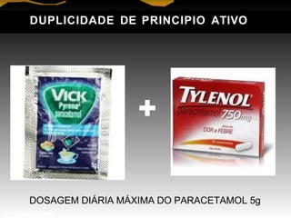 +
DOSAGEM DIÁRIA MÁXIMA DO PARACETAMOL 5g
DUPLICIDADE DE PRINCIPIO ATIVO
Prof. Manoel Augusto
 