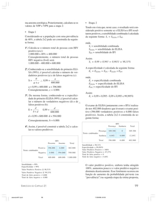 EXERCÍCIOS DO CAPÍTULO 21 99
HIV
Presente Ausente Total
Positiva 396.000 6.000 402.000
Testes combinados
Negativa 4.000 594.000 598.000
Total 400.000 600.000 1.000.000
Sensibilidade = 99%
Especificidade = 99%
Valor Preditivo Positivo ≅ 98,51%
Valor Preditivo Negativo ≅ 99,33%
Total de falso positivo = 6.000
Total de falso negativo = 4.000
maamostrasorológica.Posteriormente,calculam-seos
valores de VPP e VPN para a etapa 2:
• Etapa 1
Considerando-se a população com uma prevalência
de 40%, a tabela 2x2 pode ser construída da seguin-
te forma:
1º. Calcula-se o número total de pessoas com HIV
positivo (a+c):
1.000.000 x 40% = 400.000
Conseqüentemente, o número total de pessoas
HIV negativa (b+d) será:
1.000.000 – 400.000 = 600.000
2º. Conhecendo-se a sensibilidade do primeiro ELI-
SA (99%), é possível calcular o número de ver-
dadeiros positivos (a) e de falsos negativos (c):
S = ∴ 0,99 =
∴
a = 0,99 x 400.000 a = 396.000
Conseqüentemente, c = 4.000.
3º. Da mesma forma, conhecendo-se a especifici-
dade do primeiro ELISA (99%), é possível calcu-
lar o número de verdadeiros negativos (d) e de
falsos positivos (b):
E =
∴
0,99 =
∴
d = 0,99 x 600.000 d = 594.000
Conseqüentemente, b = 6.000.
4º. Assim, é possível construir a tabela 2x2 e calcu-
lar os valores preditivos:
• Etapa 2
Tendo em vista que, neste caso, o resultado será con-
siderado positivo somente se o ELISA e o IFI resul-
tarempositivos,asensibilidadecombinadaécalculada
da seguinte forma: Sc = SELISA x SIFI
onde,
Sc = sensibilidade combinada
SELISA = sensibilidade do ELISA
SIFI = sensibilidade do IFI
Assim:
Sc = 0,99 x 0,993 = 0,9831 ≅ 98,31%
A especificidade é calculada da seguinte forma:
Ec = EELISA + EIFI - EELISA x EIFI
onde,
Ec = especificidade combinada
EELISA = especificidade do ELISA
EIFI = especificidade do IFI
Assim:
Ec = 0,99 + 0,995 - 0,99 x 0,995 ≅ 99,995%
O exame de ELISA juntamente com o IFI é realiza-
do nos 402.000 doadores que tiveram o exame posi-
tivo (396.000 verdadeiros positivos e 6.000 falsos
positivos). Assim, a tabela 2x2 é construída da se-
guinte forma:
HIV
Presença Ausência Total
Presença 389.308 0 389.308
Testes combinados
Ausência 6.692 6.000 12.692
Total 396.000 6.000 402.000
Sensibilidade ≅ 98,31%
Especificidade ≅ 99,995%
Valor Preditivo Positivo = 100%
Valor Preditivo Negativo ≅ 47,27%
Total de falso positivo = 0
Total de falso negativo = 6.692
O valor preditivo positivo, embora tenha atingido
100%, aumentou pouco e o valor preditivo negativo
diminuiu drasticamente. Esse fenômeno ocorreu em
função do aumento da probabilidade pré-teste (ou
“prevalência”) na segunda etapa da rotina proposta,
exercicio021.pmd 11/9/2008, 04:5399
 