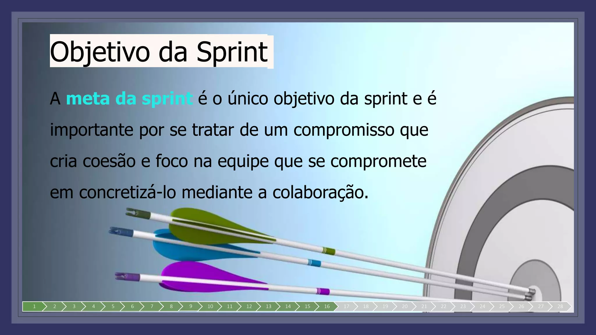 Objetivo da Sprint
A meta da sprint é o único objetivo da sprint e é
importante por se tratar de um compromisso que
cria coesão e foco na equipe que se compromete
em concretizá-lo mediante a colaboração.
1 2 3 4 5 6 7 8 9 10 11 12 13 14 15 16 17 18 19 20 21 22 23 24 25 26 27 28
 