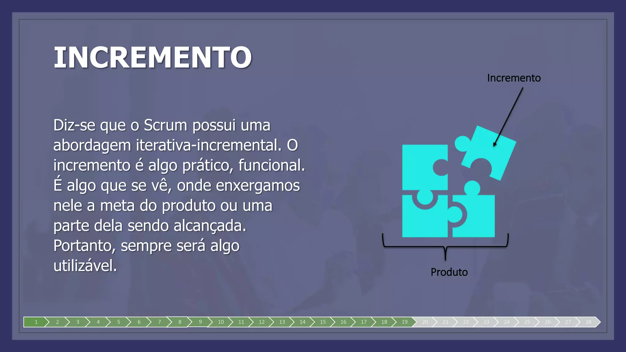 INCREMENTO
Diz-se que o Scrum possui uma
abordagem iterativa-incremental. O
incremento é algo prático, funcional.
É algo que se vê, onde enxergamos
nele a meta do produto ou uma
parte dela sendo alcançada.
Portanto, sempre será algo
utilizável.
1 2 3 4 5 6 7 8 9 10 11 12 13 14 15 16 17 18 19 20 21 22 23 24 25 26 27 28
Incremento
Produto
 
