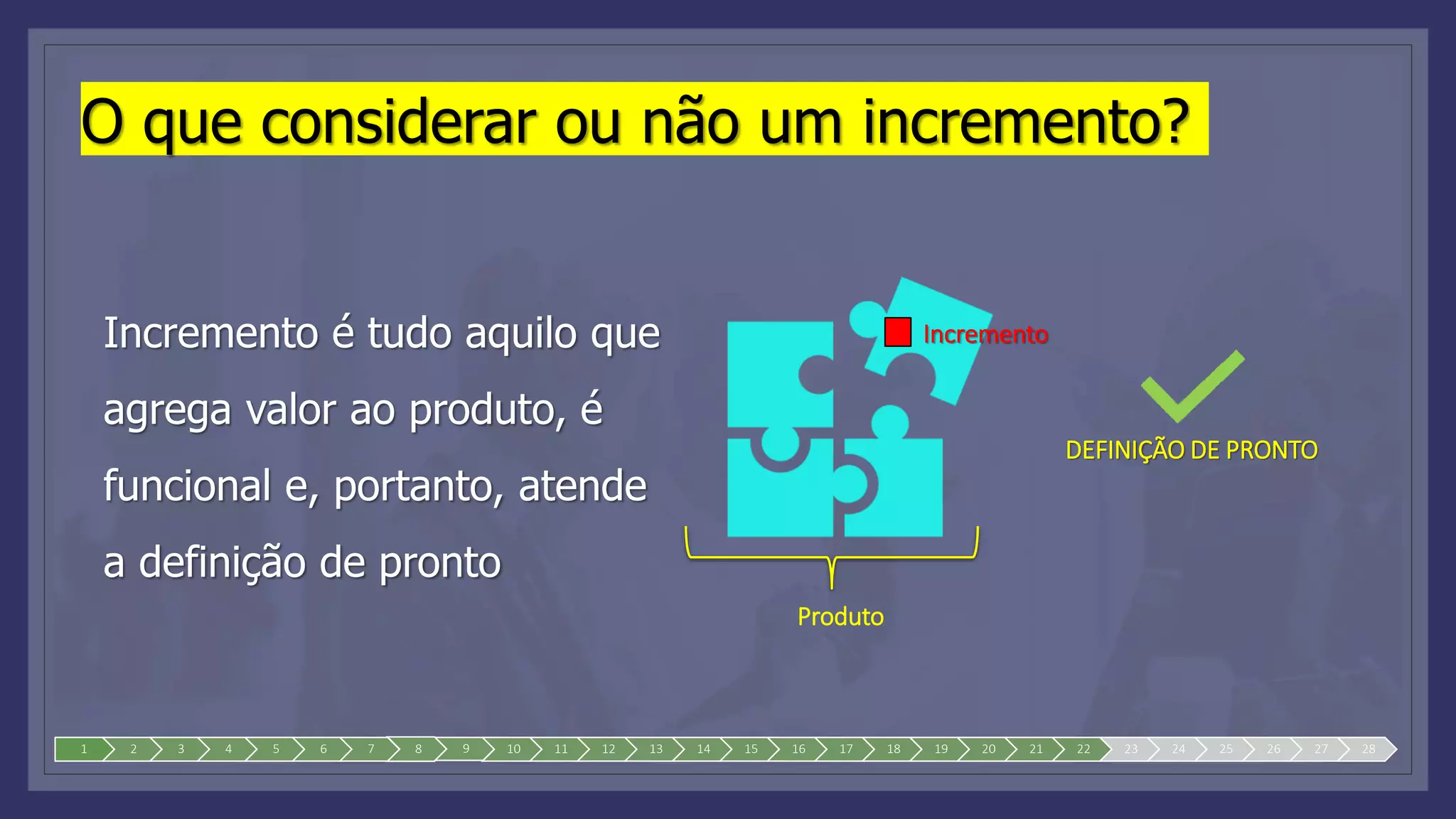 O que considerar ou não um incremento?
Incremento é tudo aquilo que
agrega valor ao produto, é
funcional e, portanto, atende
a definição de pronto
1 2 3 4 5 6 7 8 9 10 11 12 13 14 15 16 17 18 19 20 21 22 23 24 25 26 27 28
Incremento
Produto
DEFINIÇÃO DE PRONTO
 
