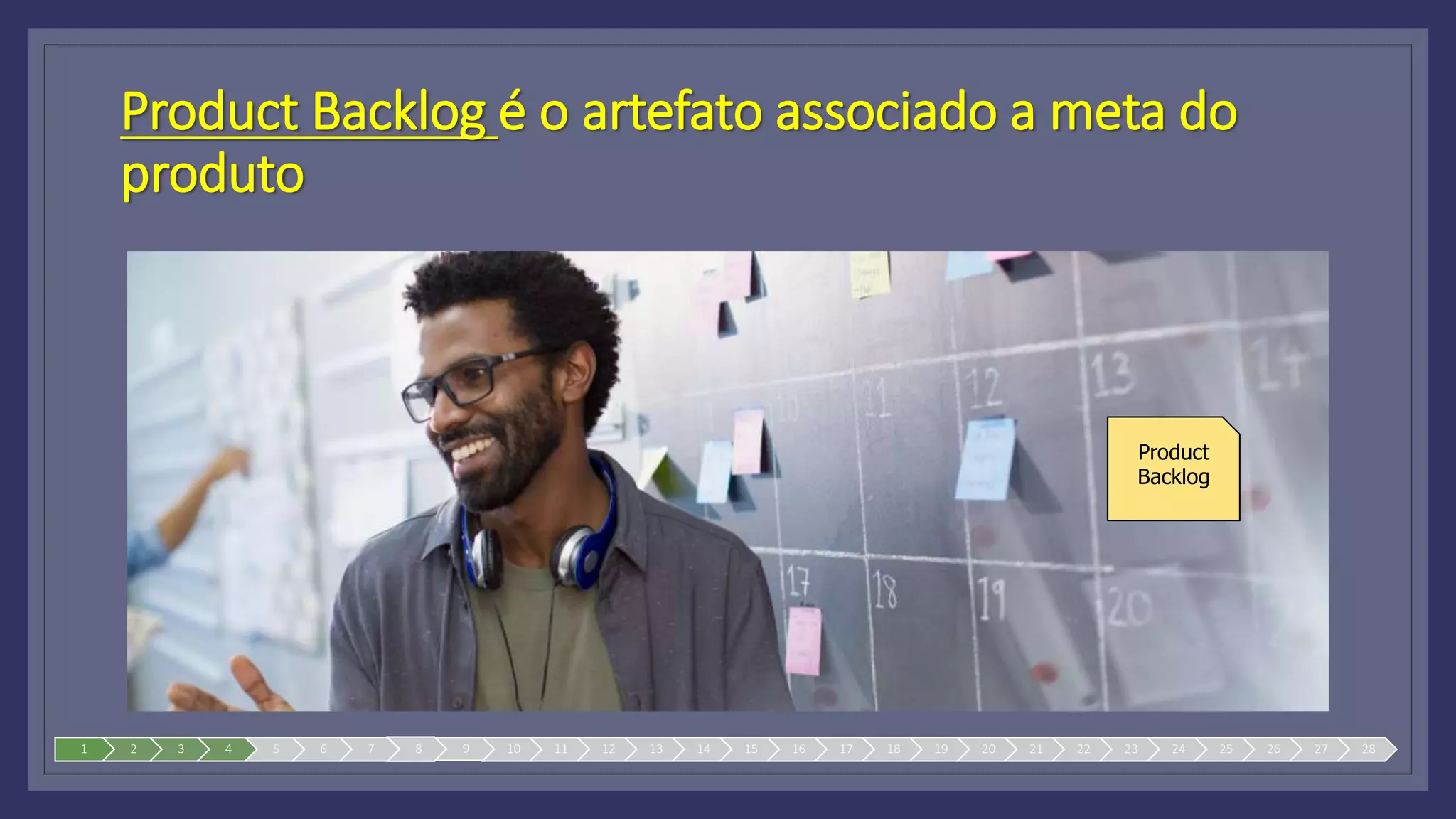 Product Backlog é o artefato associado a meta do
produto
Product
Backlog
1 2 3 4 5 6 7 8 9 10 11 12 13 14 15 16 17 18 19 20 21 22 23 24 25 26 27 28
 