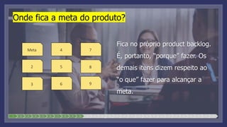 Onde fica a meta do produto?
Fica no próprio product backlog.
É, portanto, “porque” fazer. Os
demais itens dizem respeito ao
“o que” fazer para alcançar a
meta.
1 2 3 4 5 6 7 8 9 10 11 12 13 14 15 16 17 18 19 20 21 22 23 24 25 26 27 28
Meta
2
3
4
5
6
7
8
9
 