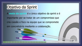 Objetivo da Sprint
A meta da sprint é o único objetivo da sprint e é
importante por se tratar de um compromisso que
cria coesão e foco na equipe que se compromete
em concretizá-lo mediante a colaboração.
1 2 3 4 5 6 7 8 9 10 11 12 13 14 15 16 17 18 19 20 21 22 23 24 25 26 27 28
 