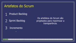 Artefatos do Scrum
Os artefatos do Scrum são
projetados para maximizar a
transparência.
Product Backlog
Sprint Backlog
Incremento
.
1 2 3 4 5 6 7 8 9 10 11 12 13 14 15 16 17 18 19 20 21 22 23 24 25 26 27 28
 