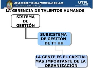 SISTEMA DE GESTIÓN SUBSISTEMA  DE GESTIÓN  DE TT HH LA GENTE ES EL CAPITAL MÁS IMPORTANTE DE LA  ORGANIZACIÓN LA GERENCIA DE TALENTOS HUMANOS   